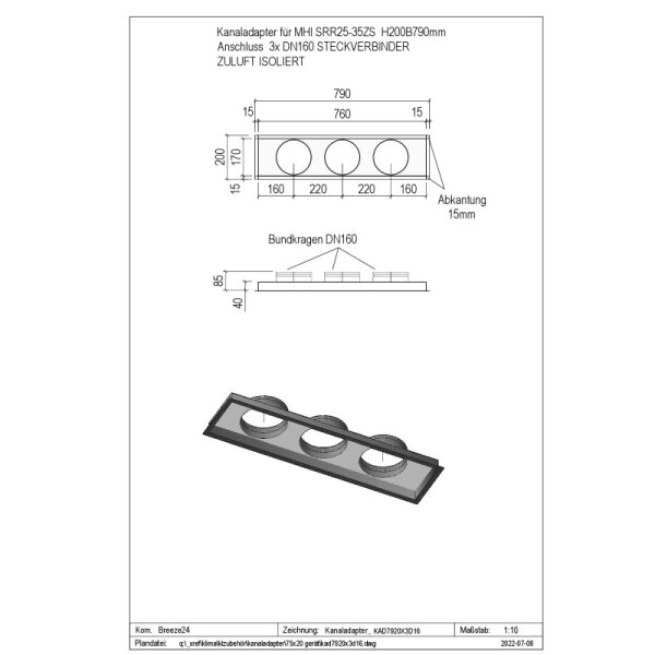 Penka Kanaladapter unisoliert MHI 75x20-3d10 3xDN160 für SRR25-35 Kanalgeräte