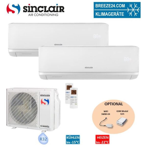 Sinclair Set 2 Wandgeräte RAY 2,7/4,6 KW SIH-09BIR + SIH-18BIR + MV-E21BI2 R32 Klimaanlage