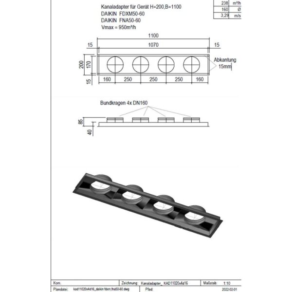 Penka Kanaladapter KAD11020x4d16 für Daikin FDXM50-60 | FNA50-60