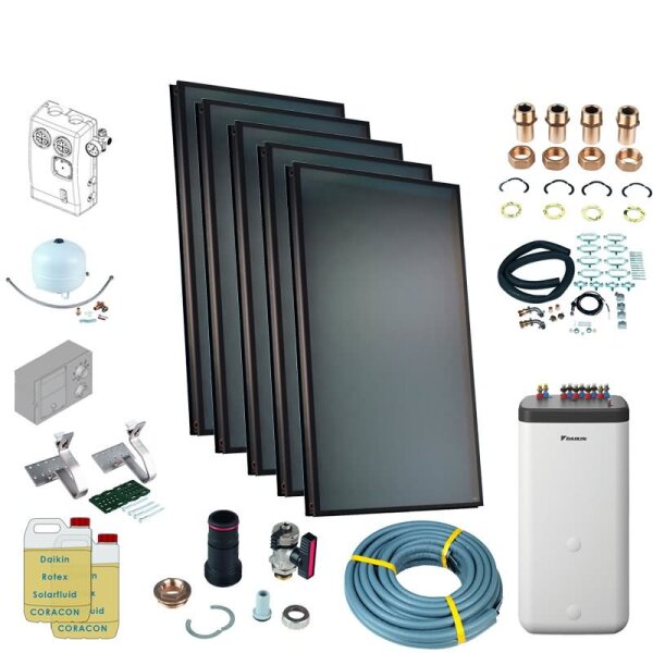 Daikin Solarthermie Set für 9 Personen Haushalt Solaris Druckanlage Aufdach 5 x EKSV21P Solarpanel
