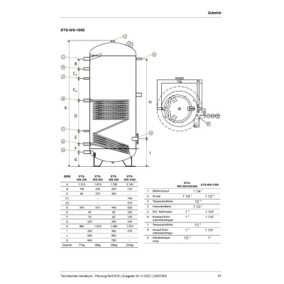 S-Klima STS-WS-200 Brauchwasser Speicher 200 Liter + Heizstab 2.0 kW + 1 Wärmetauscher für Serie SAS