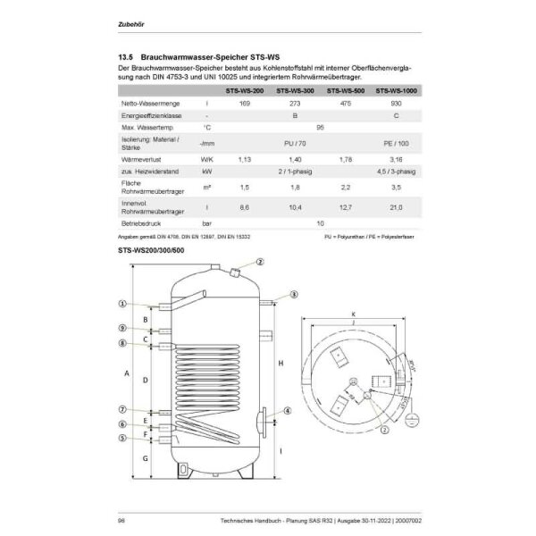 S-Klima STS-WS-500 Brauchwasser Speicher 500 Liter + Heizstab 2.0 kW + 1 Wärmetauscher für Serie SAS