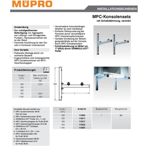 Müpro WK480  Konsolenset mit Schalldämmung, Länge: 480 mm Belastung bis zu 150 kg 2er Set