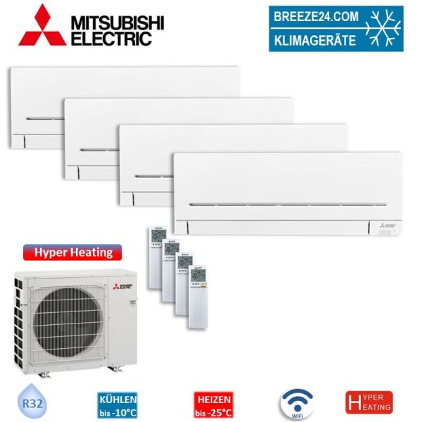 Mitsubishi Electric Set 4 Wandgeräte WiFi 3 x MSZ-AY25VGKP + MSZ-AY50VGKP + MXZ-4F83VFHZ2 Hyper Heating