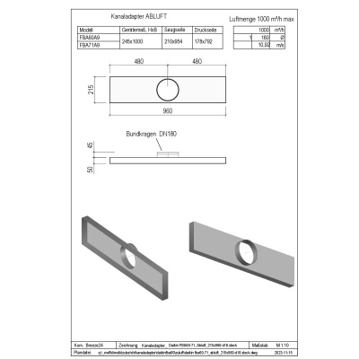 Penka Kanaladapter Abluft für Daikin FBA60-71A9 215x960-d18