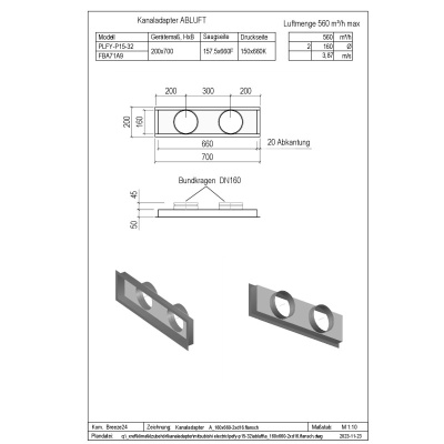 Penka Kanaladapter Abluft für Mitsubishi Electric PEFY-P15-32VMS1-E A_160x660-2xd16.flansch
