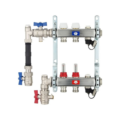 Fußbodenheizungsverteiler aus Edelstahl mit Topmeter für 2 Heizkreise