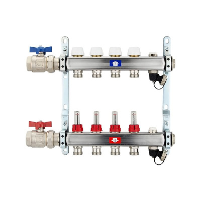 Fußbodenheizungsverteiler aus Edelstahl mit Topmeter für 4 Heizkreise