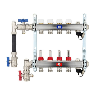Fußbodenheizungsverteiler aus Edelstahl mit Topmeter für 4 Heizkreise