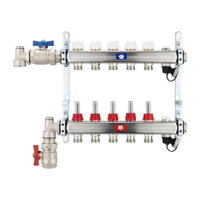 Fußbodenheizungsverteiler aus Edelstahl mit Topmeter für 5 Heizkreise