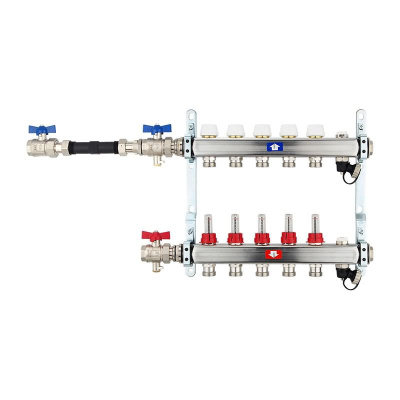 Fußbodenheizungsverteiler aus Edelstahl mit Topmeter für 5 Heizkreise