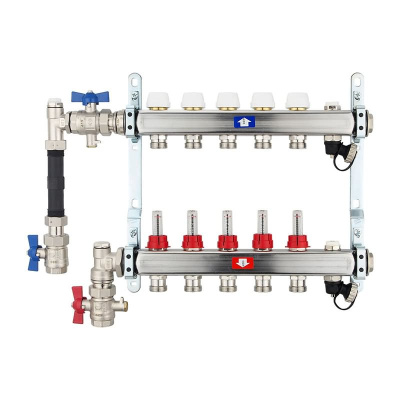 Fußbodenheizungsverteiler aus Edelstahl mit Topmeter für 5 Heizkreise