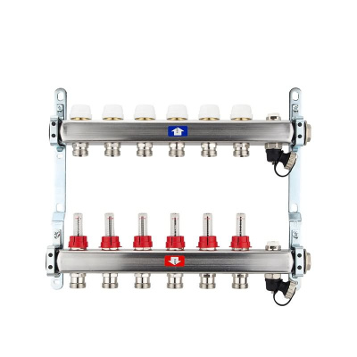 Fußbodenheizungsverteiler aus Edelstahl mit Topmeter für 6 Heizkreise