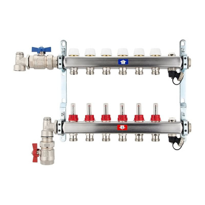 Fußbodenheizungsverteiler aus Edelstahl mit Topmeter für 6 Heizkreise