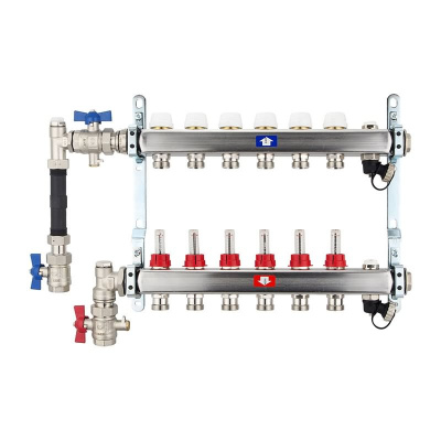 Fußbodenheizungsverteiler aus Edelstahl mit Topmeter für 6 Heizkreise