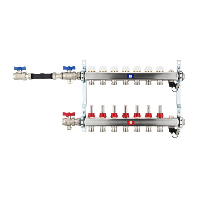 Fußbodenheizungsverteiler aus Edelstahl mit Topmeter für 7 Heizkreise