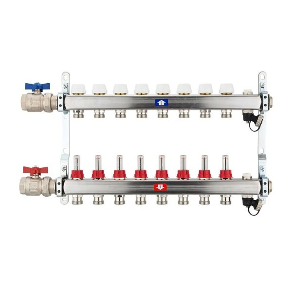 Fußbodenheizungsverteiler aus Edelstahl mit Topmeter für 8 Heizkreise