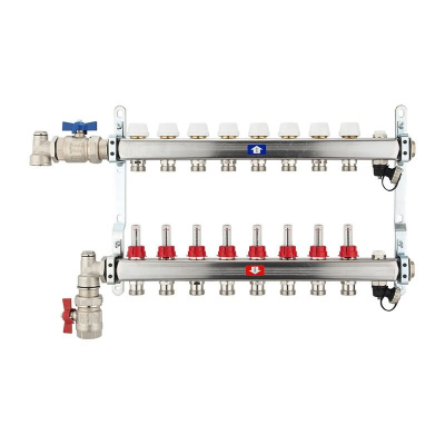 Fußbodenheizungsverteiler aus Edelstahl mit Topmeter für 8 Heizkreise