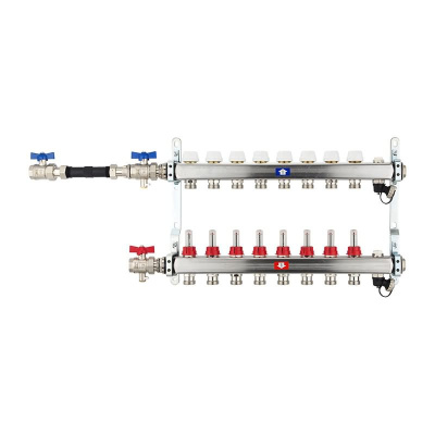 Fußbodenheizungsverteiler aus Edelstahl mit Topmeter für 8 Heizkreise