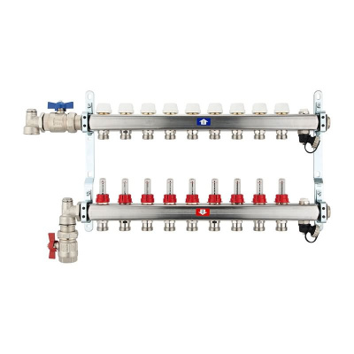Fußbodenheizungsverteiler aus Edelstahl mit Topmeter für 9 Heizkreise
