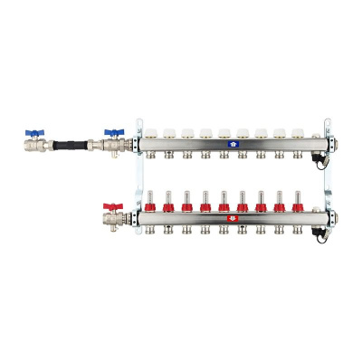 Fußbodenheizungsverteiler aus Edelstahl mit Topmeter für 9 Heizkreise