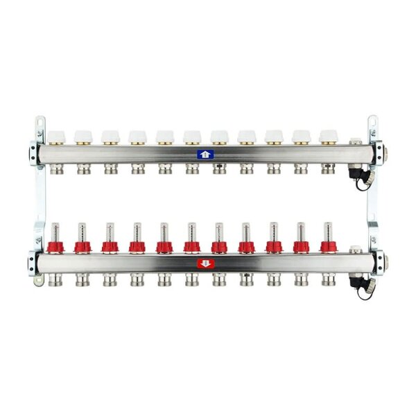 Fußbodenheizungsverteiler aus Edelstahl mit Topmeter für 11 Heizkreise