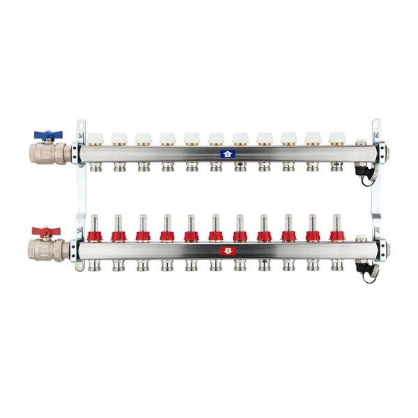 Fußbodenheizungsverteiler aus Edelstahl mit Topmeter für 11 Heizkreise