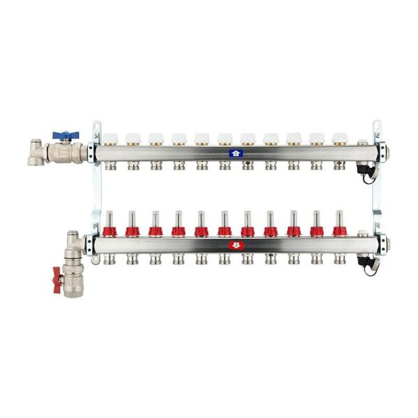 Fußbodenheizungsverteiler aus Edelstahl mit Topmeter für 11 Heizkreise