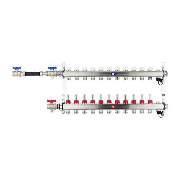 Fußbodenheizungsverteiler aus Edelstahl mit Topmeter für 11 Heizkreise