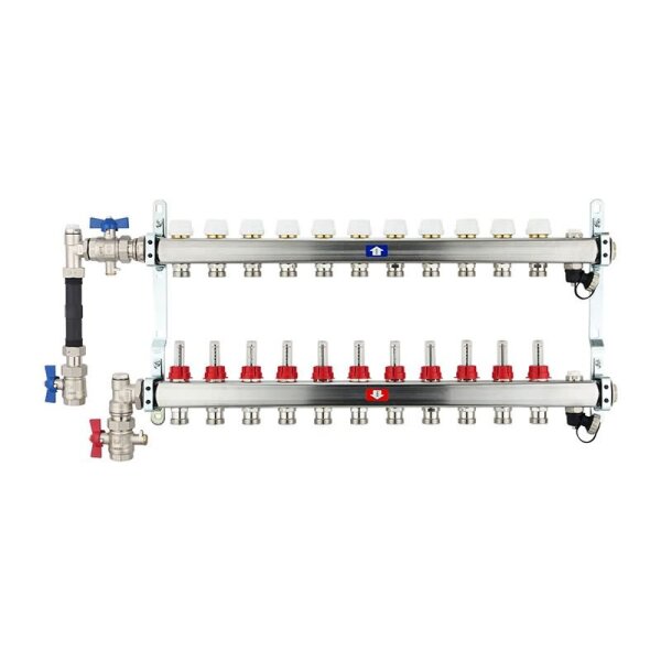 Fußbodenheizungsverteiler aus Edelstahl mit Topmeter für 11 Heizkreise
