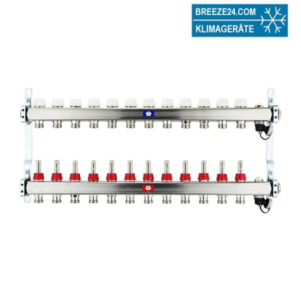 Fußbodenheizungsverteiler aus Edelstahl mit Topmeter für 12 Heizkreise