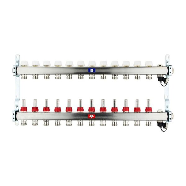 Fußbodenheizungsverteiler aus Edelstahl mit Topmeter für 12 Heizkreise