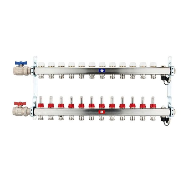 Fußbodenheizungsverteiler aus Edelstahl mit Topmeter für 12 Heizkreise