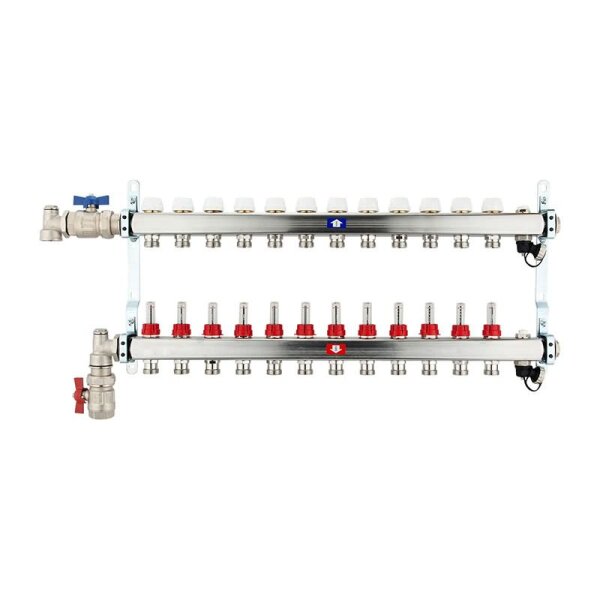 Fußbodenheizungsverteiler aus Edelstahl mit Topmeter für 12 Heizkreise