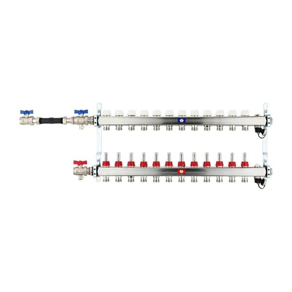 Fußbodenheizungsverteiler aus Edelstahl mit Topmeter für 12 Heizkreise