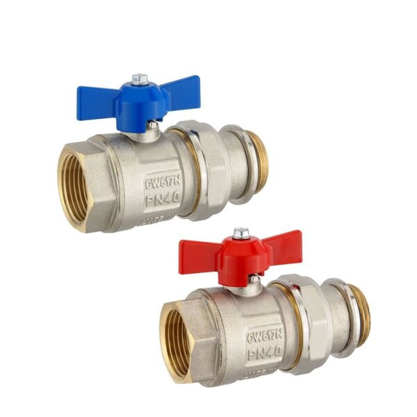 Kugelhahn-Set 1" IG x 1" AG selbstdichtend - mit blauem und rotem Flügelgriff