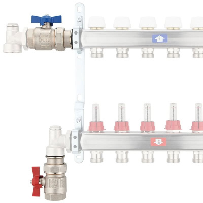 Kugelhahn-Set 1" IG x 1" AG selbstdichtend - mit blauem und rotem Flügelgriff