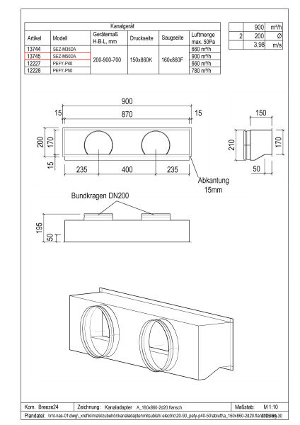 Penka Kanaladapter für Mitsubishi Electric SEZ-M35-50DA | PEFY-P40-50 | 2er & 3er Kanal Ø 200 160 mm
